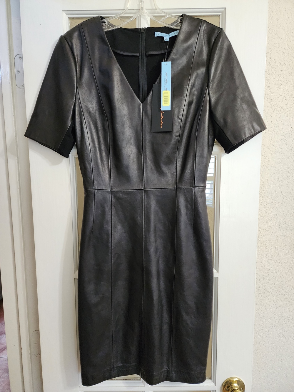 NWT Antonio Melani Brianna Genuine Leather Sheath Dress Black 4